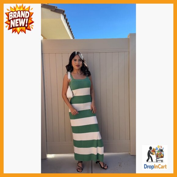 Sleeveless Bodycon Sweater Dress Striped Knit Tie Square Neck Side Slit Midi - Picture 6 of 7